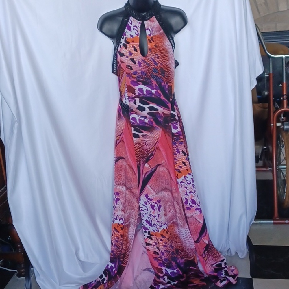 Venus Sexy Maxi Dress with Key hole front, two front slits, pink&purple, stretch